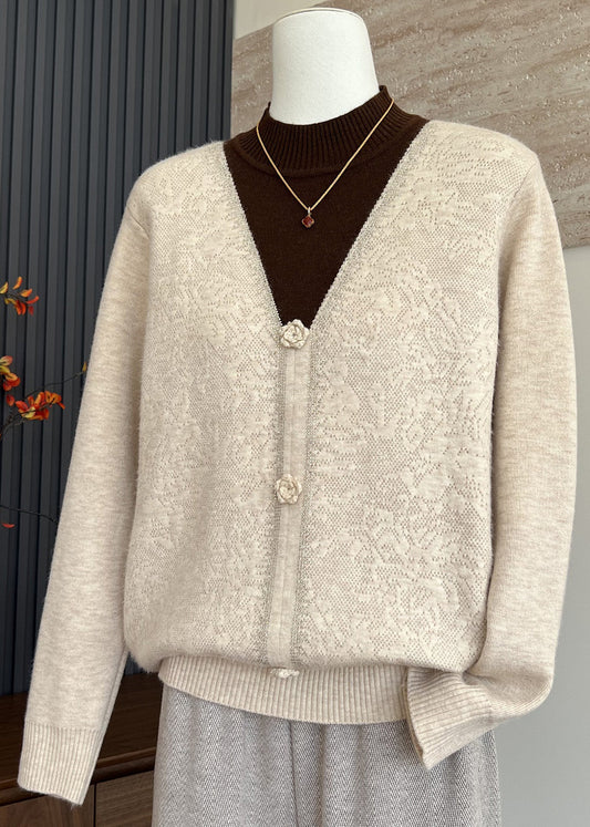 Beige Hign Neck Thick Patchwork Warm Fleece Knit Top Winter