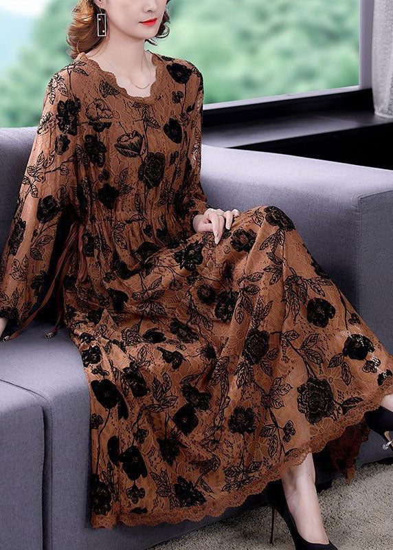 Chocolate Cinched Print Lace Long Dresses Spring