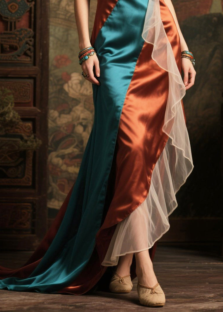 Colorblock Asymmetrical Patchwork Exra Large Hem Silk Dress Summer