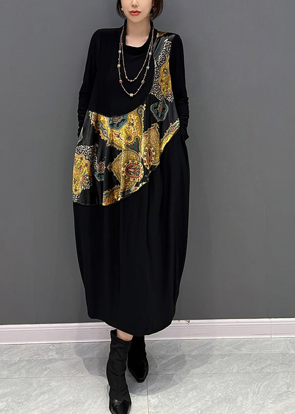Simple Black O-neck Print Vacation Dresses Fall