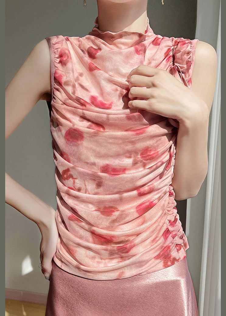 Pink Print Wrinkled Lace Up Tulle Tops Sleeveless