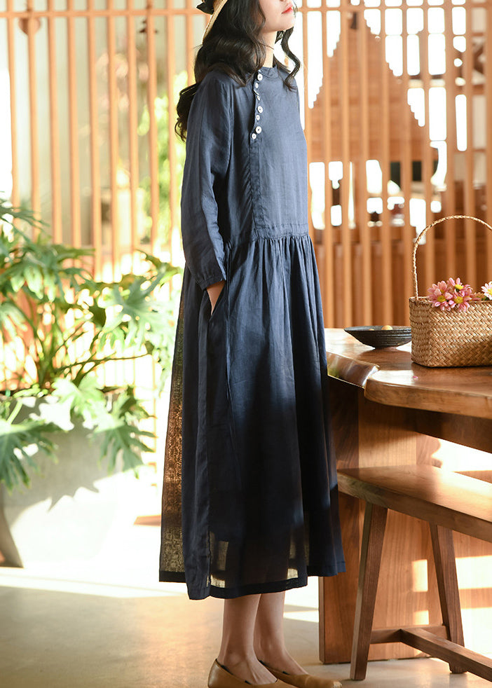 Navy Wrinkled Pockets Patchwork Linen Dresses Fall