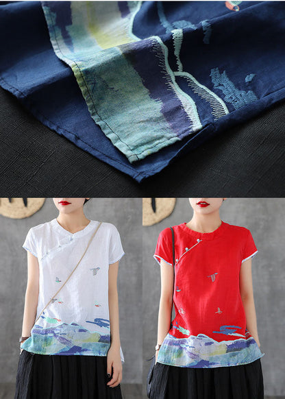 Unique Blue Mandarin Collar Embroideried Cotton Tank Tops Short Sleeve