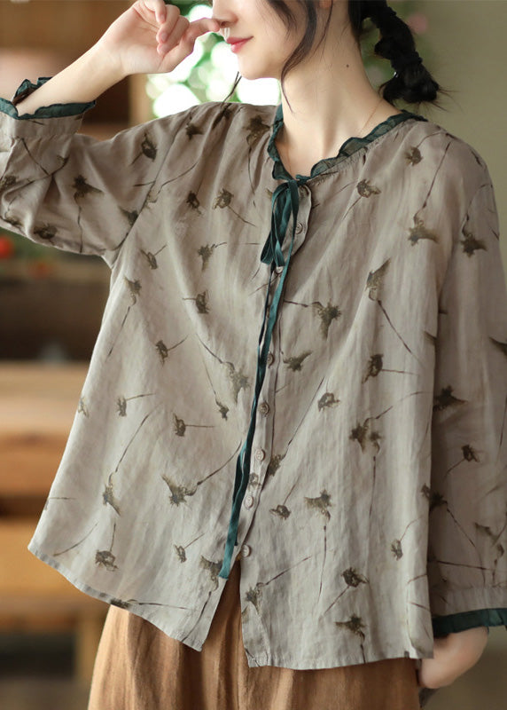 Grey Neck Tie Print Ramie Tops Long Sleeve