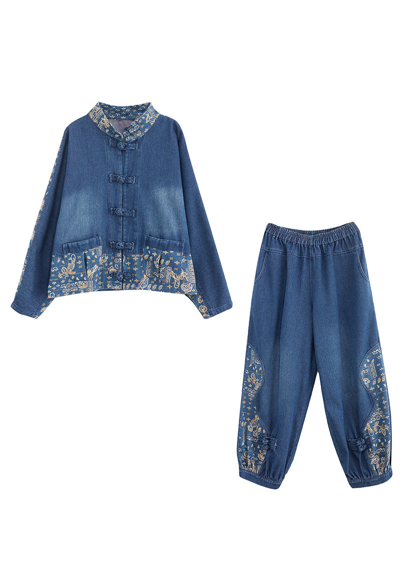 Loose Denim Blue Peter Pan Collar Print Coats and Lantern Pants Two Pieces Set Spring