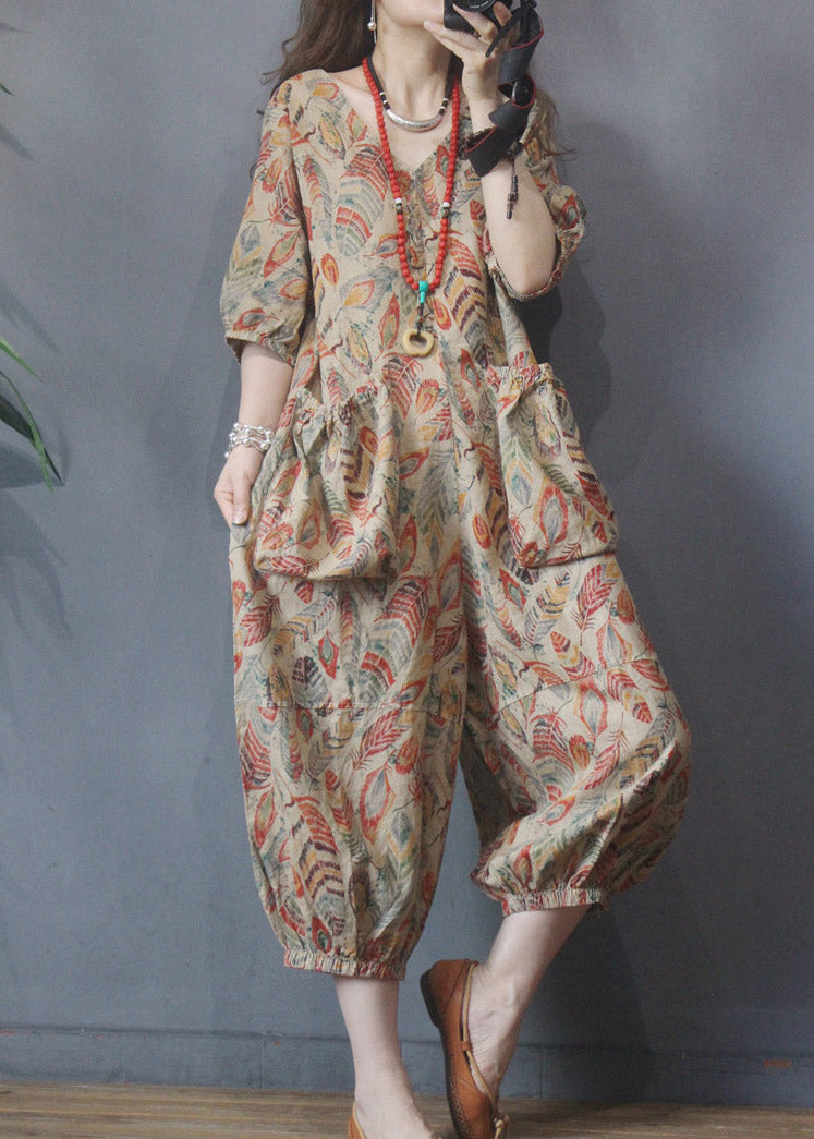 V Neck Print Pockets Linen Jumpsuit Half Sleeve