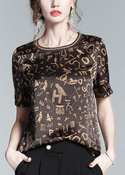 Coffee O-neck Print Chiffon Tops Short Sleeve