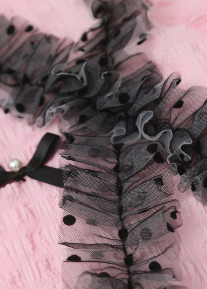 Pink Square Collar Ruffled Print Tulle Shirts Long Sleeve