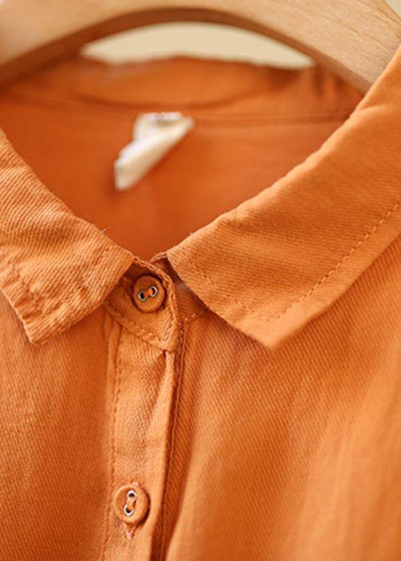 Orange Peterpan Collar Button Pockets Fall Long Sleeve Blouse Top