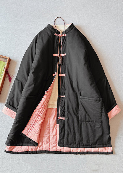 Black Pockets Chinese Button Fine Cotton Filled Loose Coat Winter