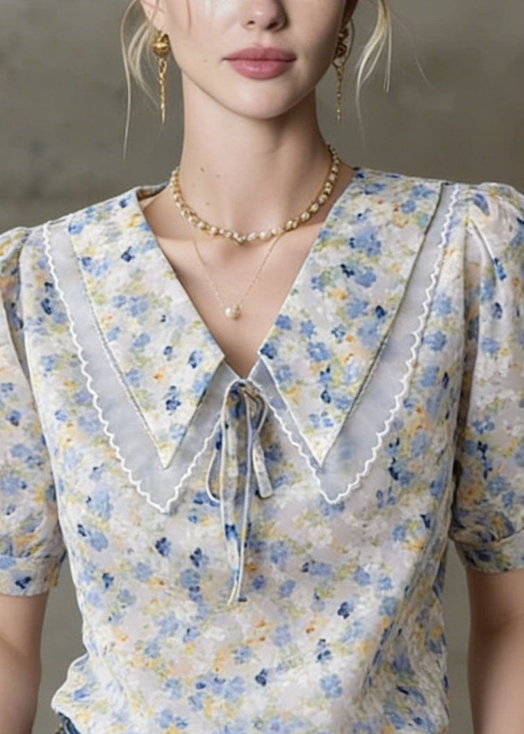 Peter Pan Collar Puff Sleeve Print Tops Summer