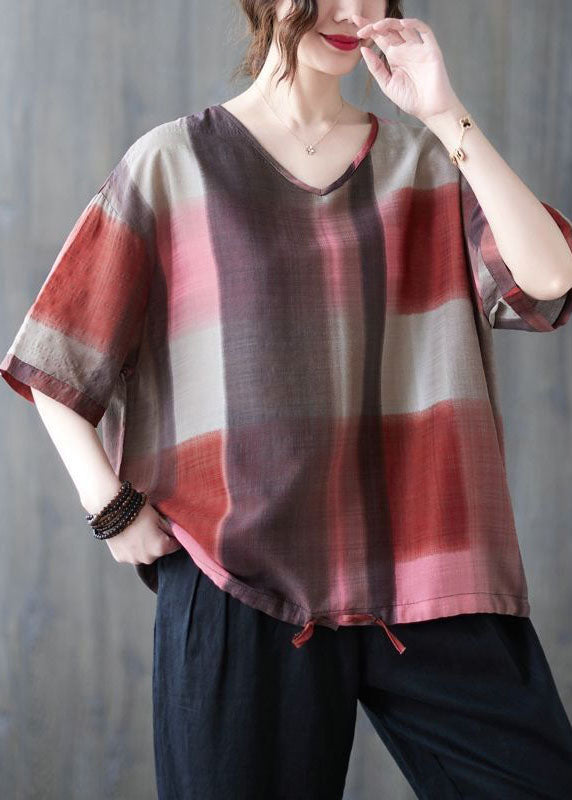Red Oversized Plaid Linen Tanks Summer
