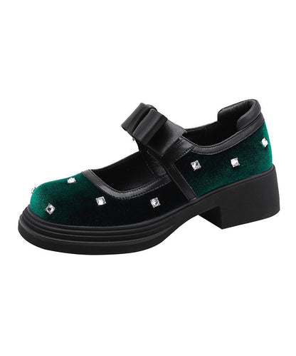 Black Bow Splicing Nail Bead Buckle Strap Chunky High Heels