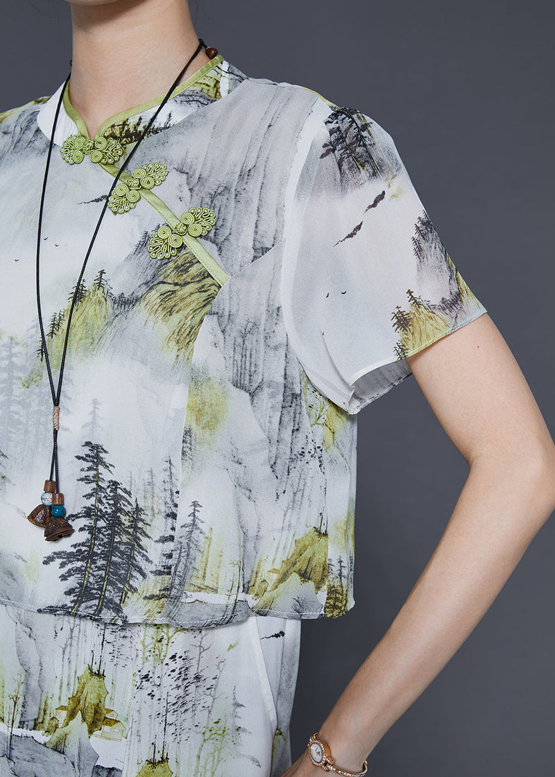 White Print Chiffon Oriental Dresses Summer