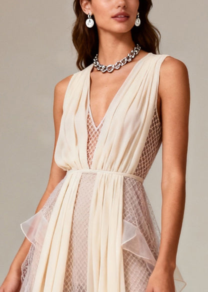 Beige V Neck Patchwork Mesh Long Dress Summer