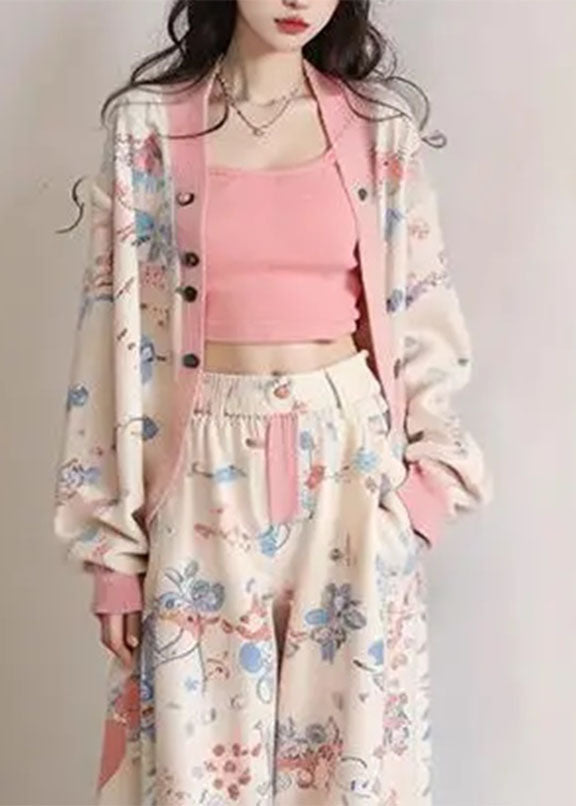 Apricot V Neck Print Coats Vest and Wide Leg Pants Three Pieces Set Long Sleeve
