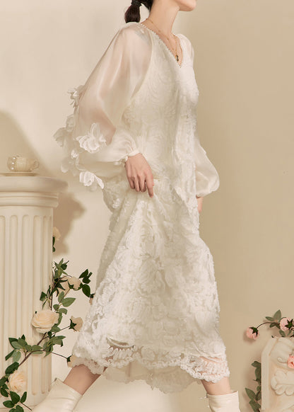 White V Neck Tulle Maxi Dresses Fall