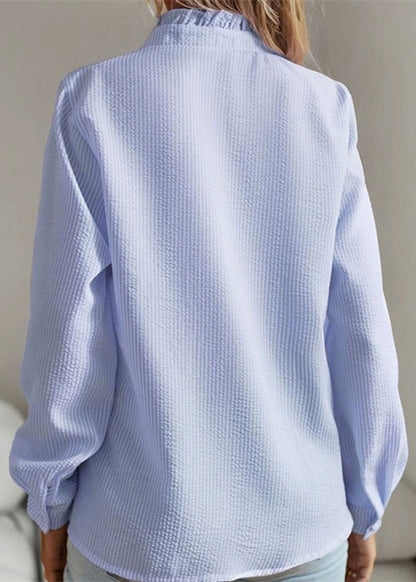 Blue Shirt Ruffled Patchwork Puff Sleeve Fall