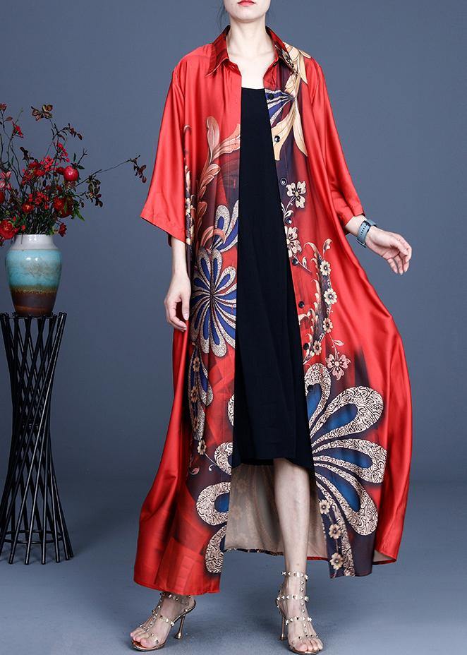 Diy Red Print Spring Loose Coat Long