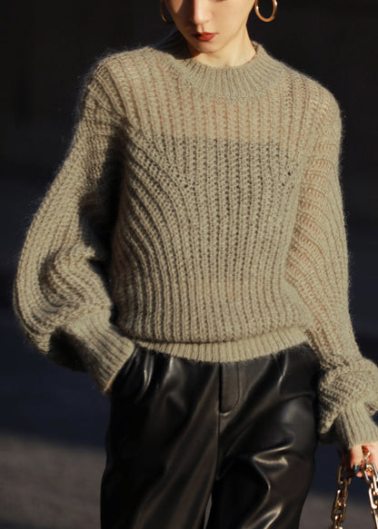 Green Cozy Ma Hai Mao Knit Sweater Lantern Sleeve Long Sleeve