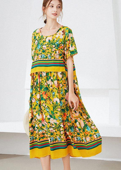 Natural Yellow Loose O-neck Print Summer Robe Dresses Half Sleeve