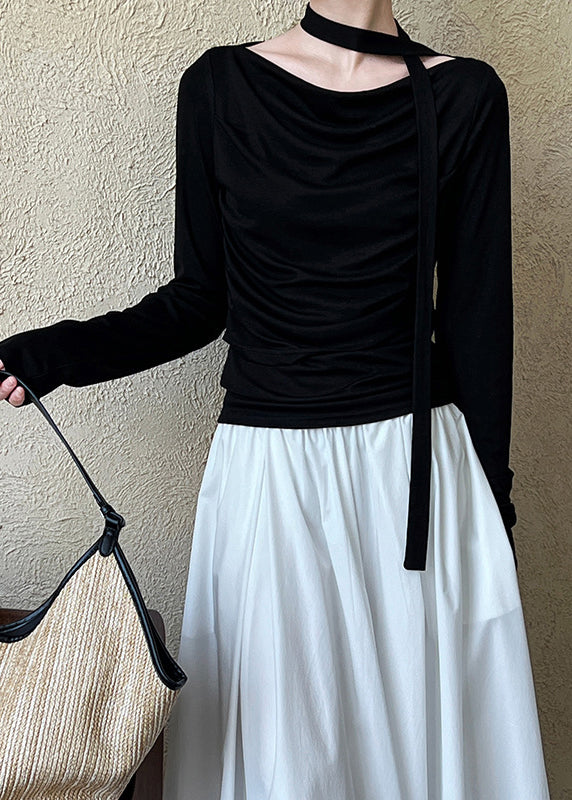 Black Wrinkled Cotton T Shirts Top Long Sleeve
