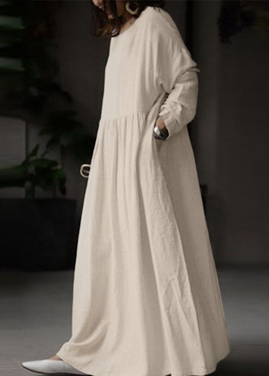 Beige O Neck Wrinkled Patchwork Cotton Maxi Dress Spring