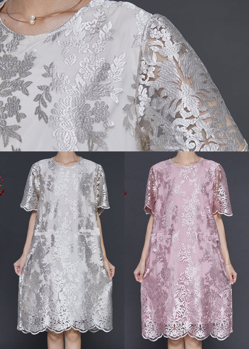 Pink Embroidered Silk Tea Dress Summer