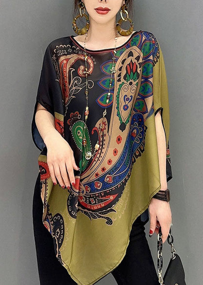 Colorblock Asymmetrical Print Chiffon Top Batwing Sleeve
