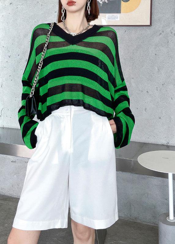 Green Striped V Neckknit Fabric Shirt Summer