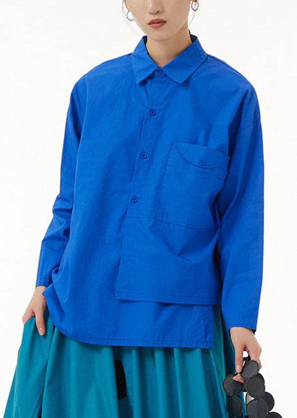 Blue Asymmetrical Design Patchwork Cotton Shirts Top Long Sleeve