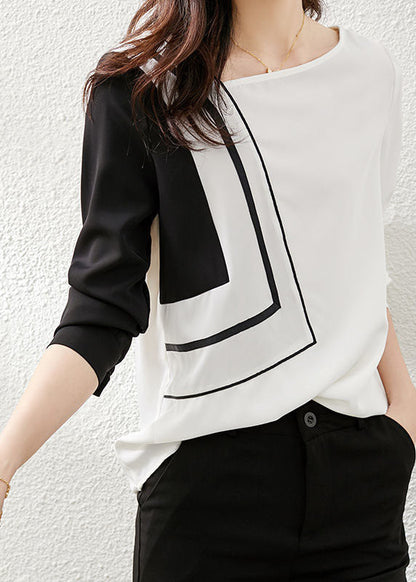 Black White Asymmetrical Design Patchwork Chiffon Top Long Sleeve