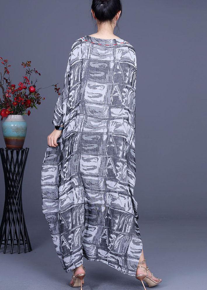 French Grey Print Cotton Linen Side Open Party Dress Summer