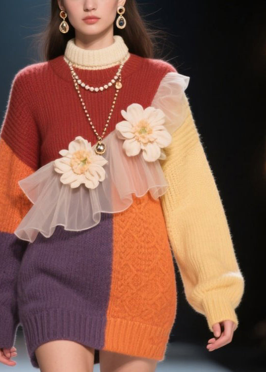 Italian Colorblock Hign Neck Tulle Knit Dress Winter
