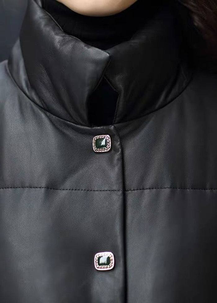 Black Stand Collar Drawstring Sheepskin Duck Down Filled Jacket Winter