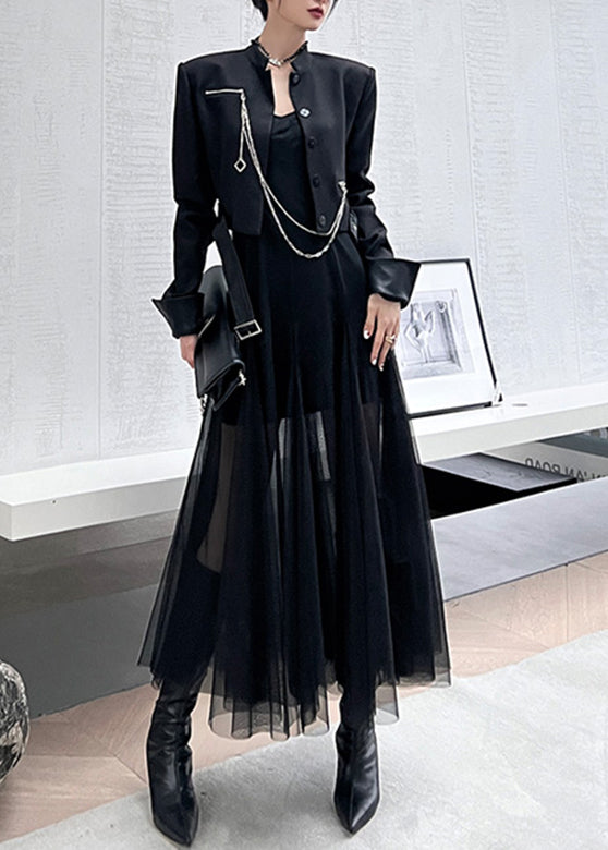 French Black Slash Neck Tulle Holiday Long Slip Dress Sleeveless Summer