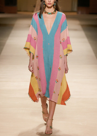 Colorblock V Neck Print Cotton Dress Summer
