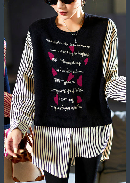Navy Striped Patchwork False Two Pieces Cotton Blouse Long Sleeve