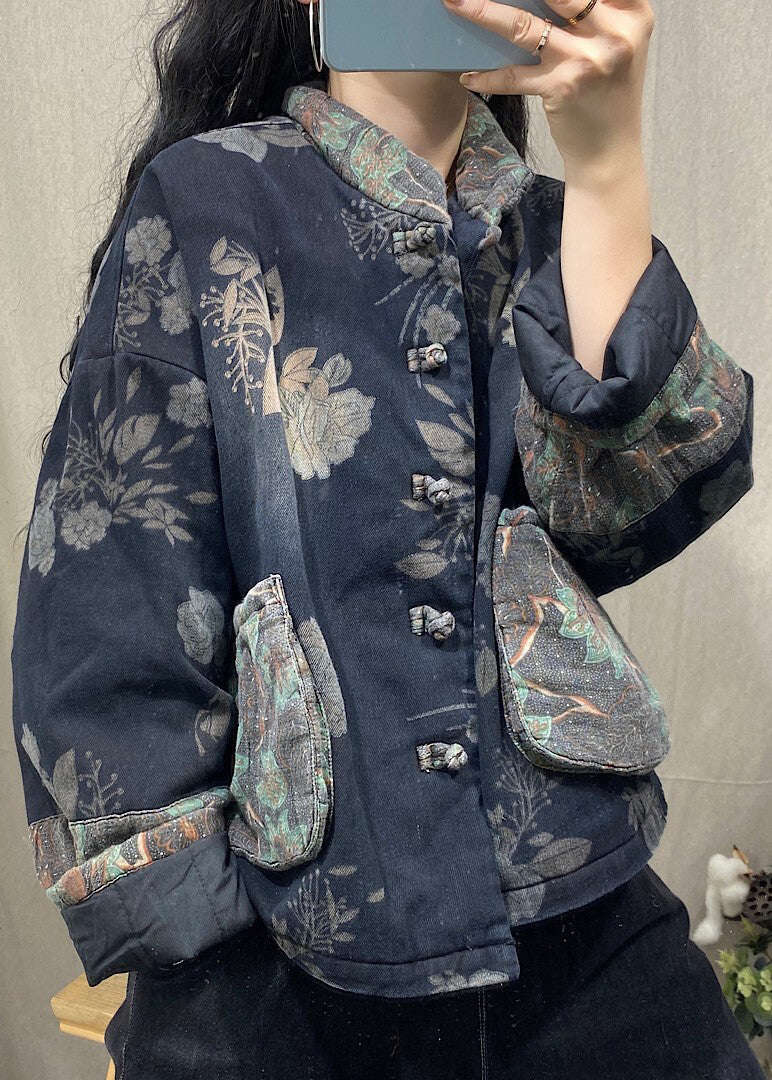 Black Mandarin Collar Print Fine Cotton Filled Witner Coat
