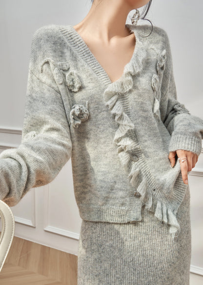 Grey Ruffled Hollow Out Knit Two Piece Set Winter
