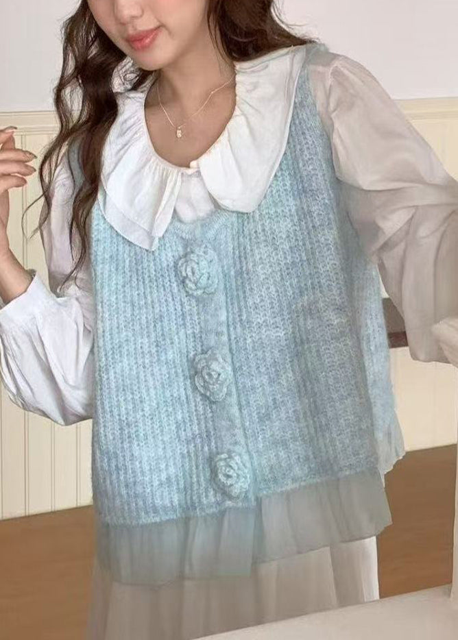 Fitted Blue Patchwork Tulle Knit Vests Spring