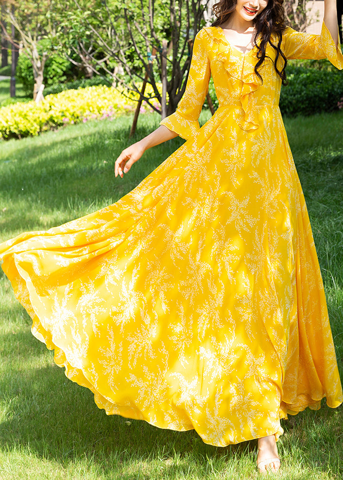 Yellow Ruffled Print Slim Chiffon Maxi Holiday Dress Spring