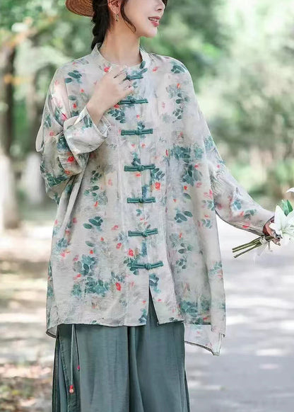 Grey Print Button Cotton Shirts Long Sleeve