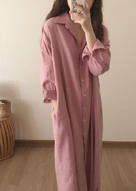 Classy Pink Button Side Open Cotton Shirt Long Dress Spring