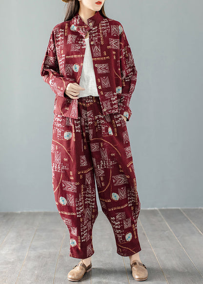 Mulberry Stand Collar Print Coats and Harem Pants Two Pieces Set Long Sleeve