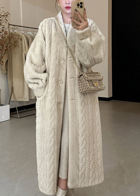 Beige V Neck Button Mink Hair Leather and Fur Long Coats Winter