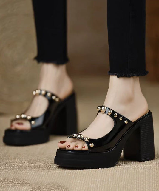 Stylish Rivet Splicing Chunky Heel Black Cowhide Leather Slide Sandals