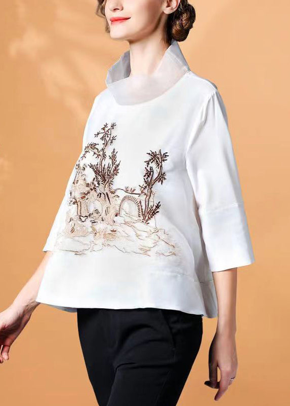 White Stand Collar Embroidered Silk Shirt Spring