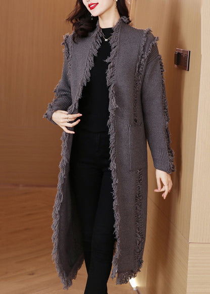 Grey Tasseled Pockets Knit Cardigan Winter