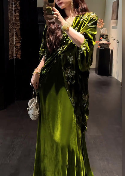 Green V Neck Silk Velvet Coats and Maxi Dress Two Pieces Set Lantern Sleeve